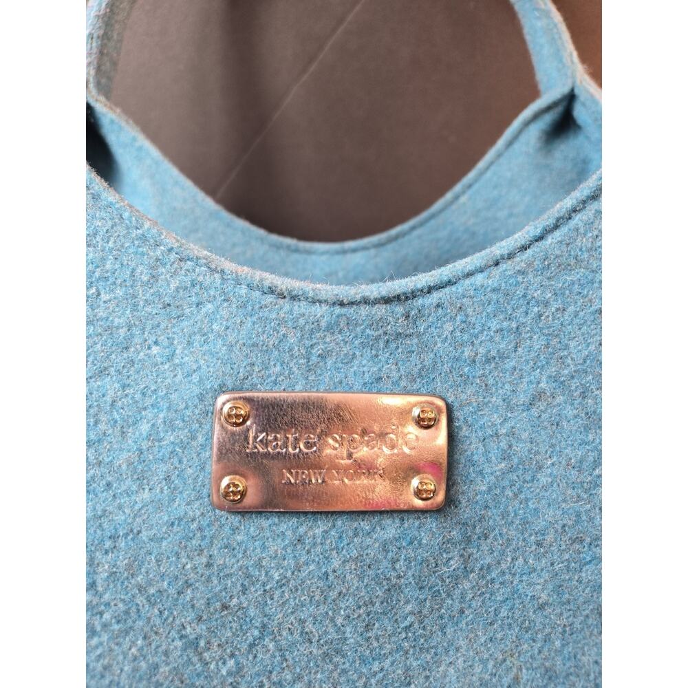 Kate Spade New York Blue Wool Felt Hobo Bag Silver Handles Polka Dot Lining - Picture 3 of 14